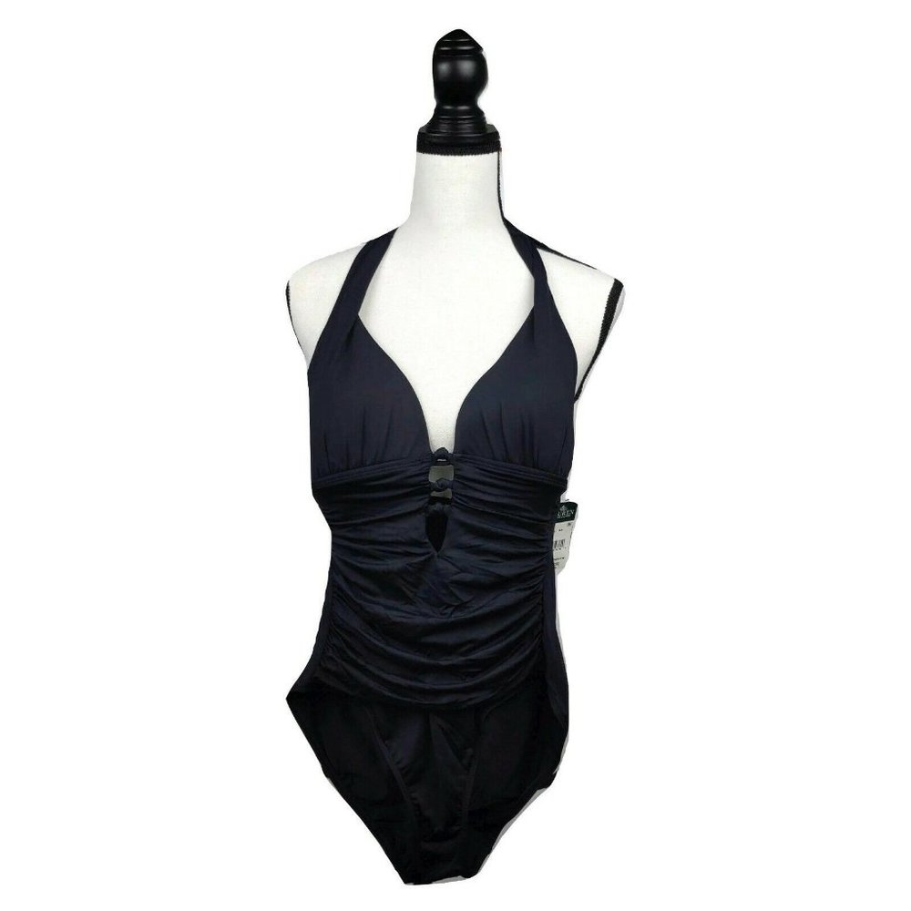 LAUREN RALPH LAUREN, Black, Solid Halter One-Piece, Tummy Control, Size 8